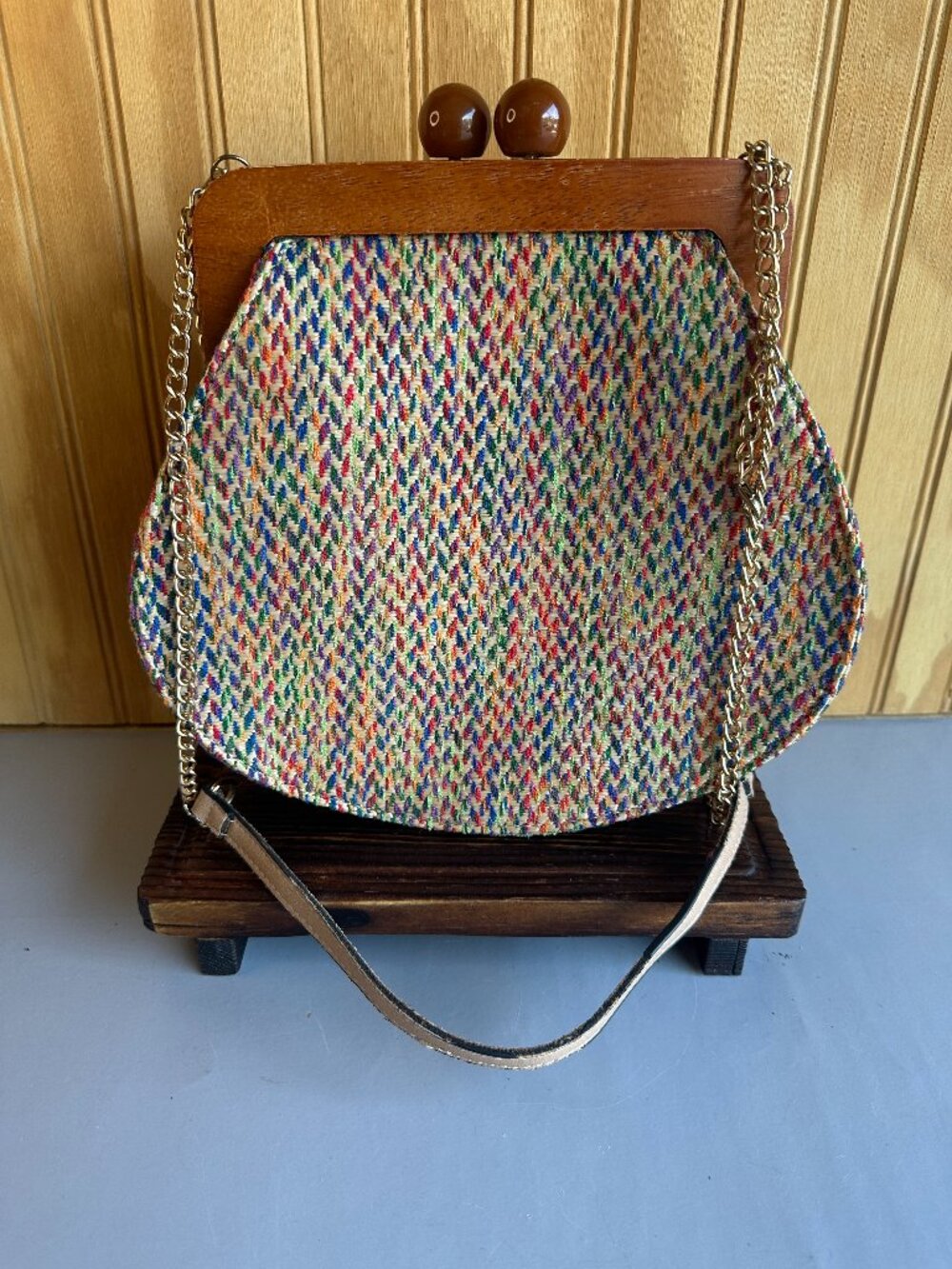 Mezon Wooden Knob Magnetic Closure Frame Woven Fabric Boho Retro Shoulder Bag